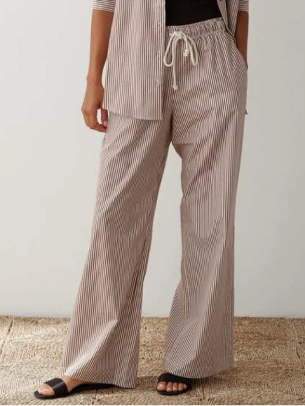 Donni Stripe Pop Pants Cotton Poplin Drawstring Baggy Trousers Espresso Brown